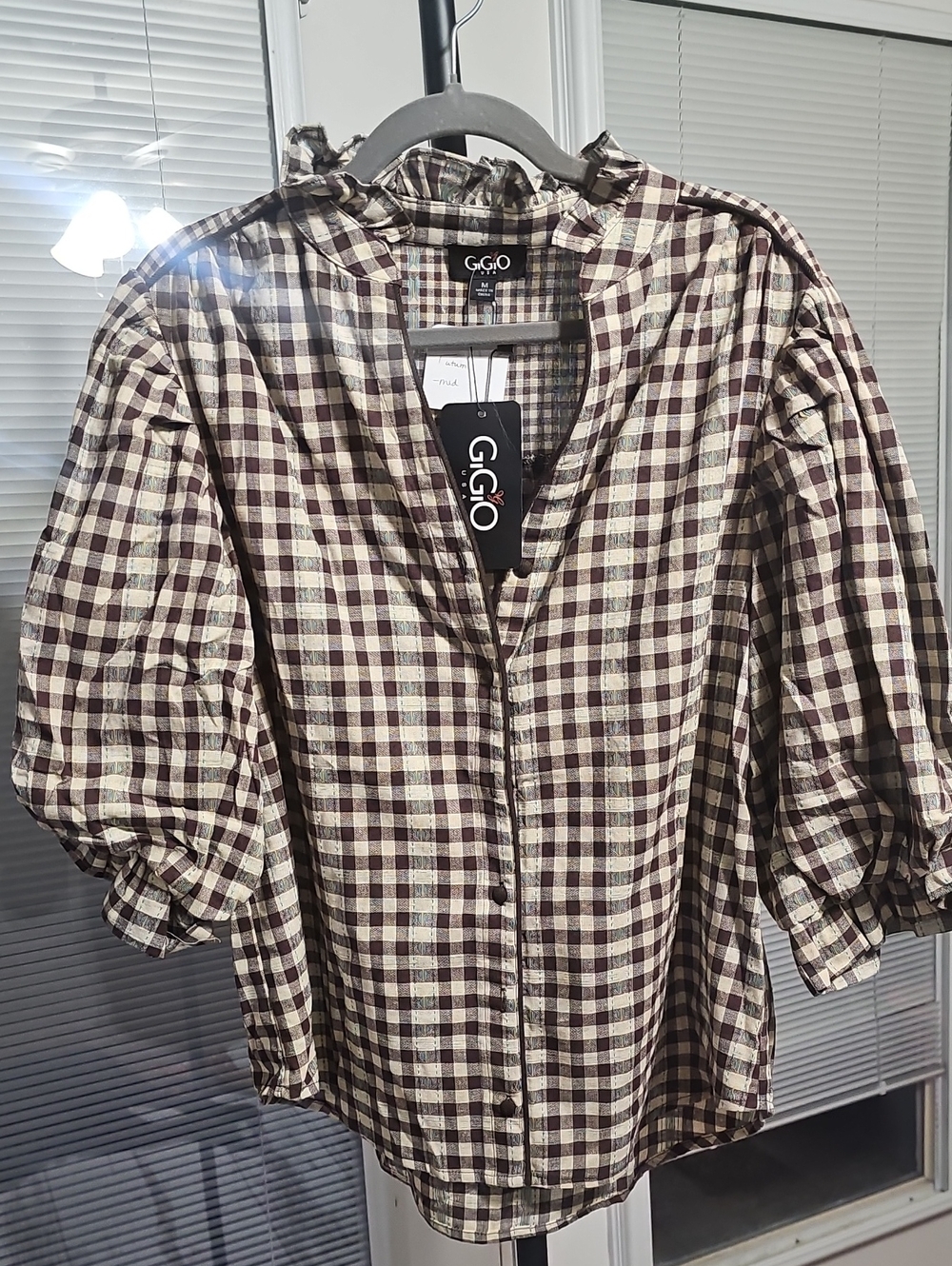 G.GIO Plaid Ruffle Collar Button-Front Blouse in Brown and Cream